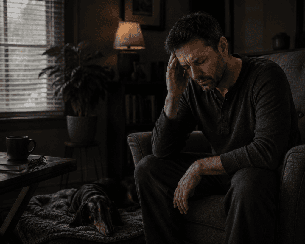 Person in a dimly lit room with one hand pressed to the side of the head, quietly managing the debilitating experience of a migraine attack.