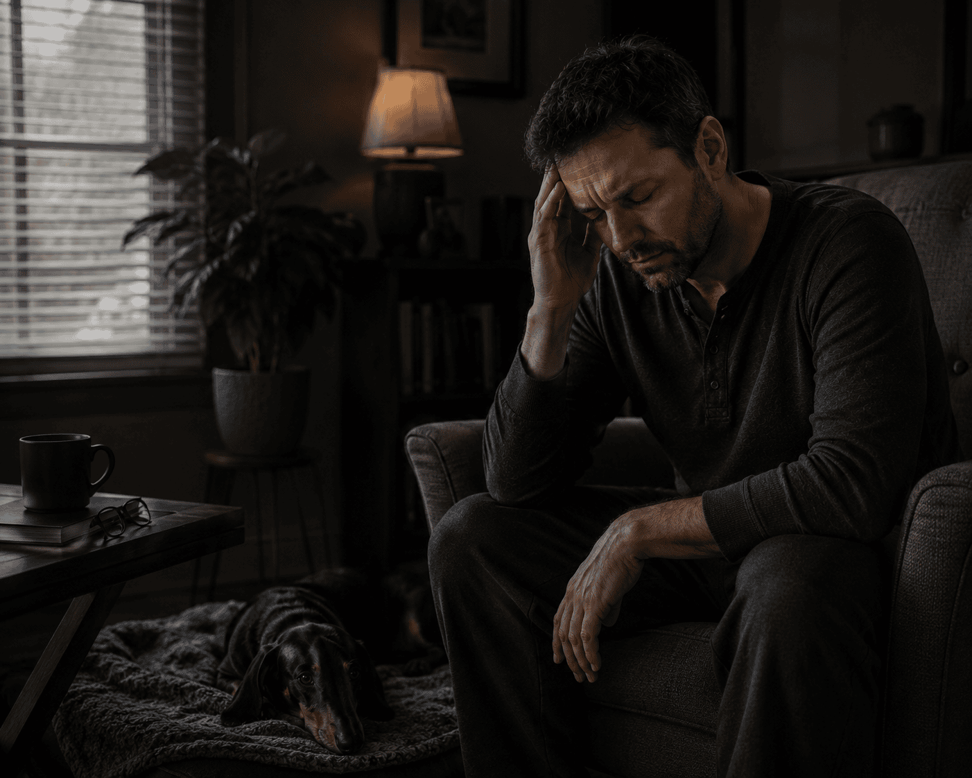 Person in a dimly lit room with one hand pressed to the side of the head, quietly managing the debilitating experience of a migraine attack.