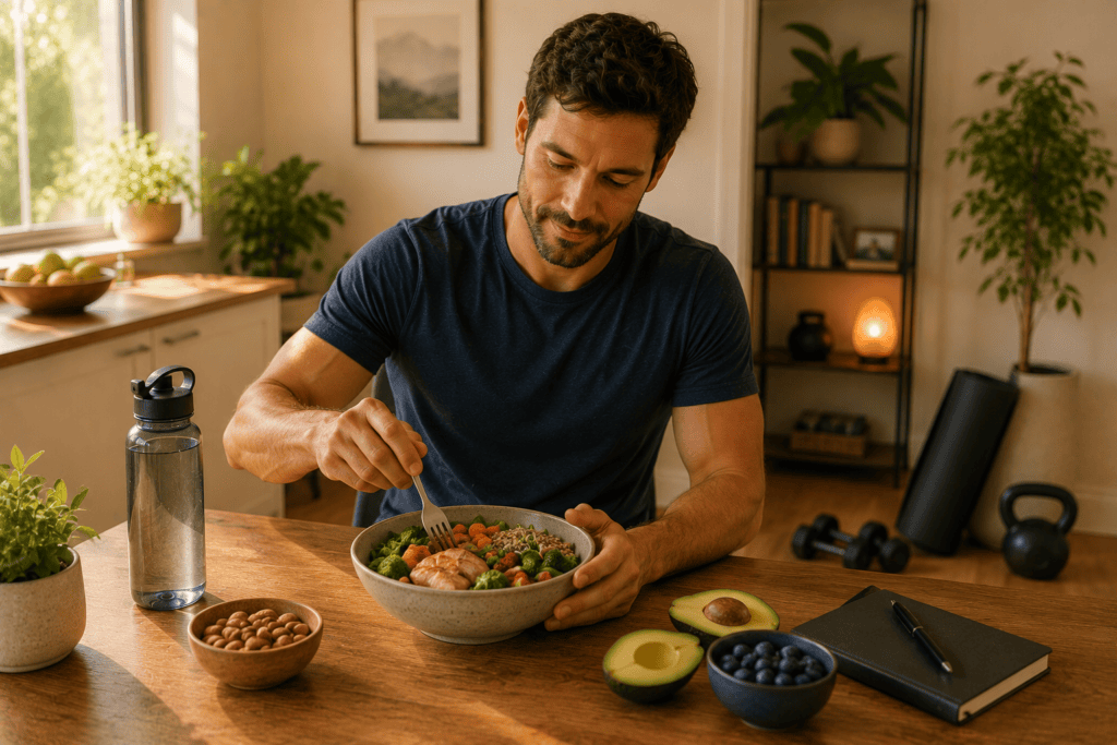 Man engaged in daily practices that support male fertility including exercise, nutrition, and lifestyle patterns, illustrating the essential male contribution.