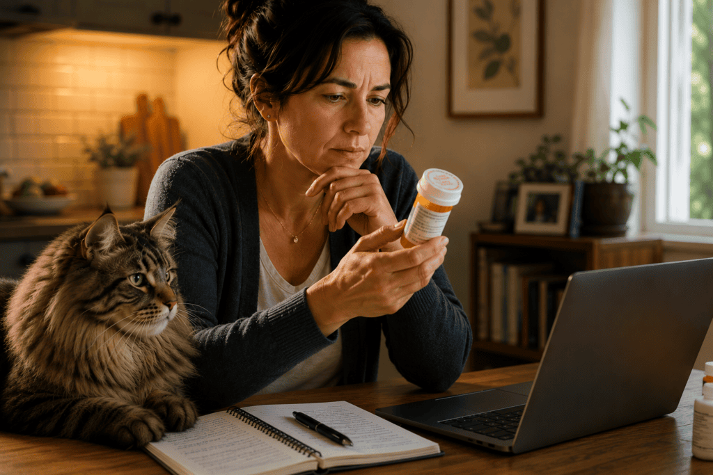 Person at home carefully reading the side effect information on a prescription medication bottle, communicating the risk-benefit consideration that patients navigate with pharmaceuticals.