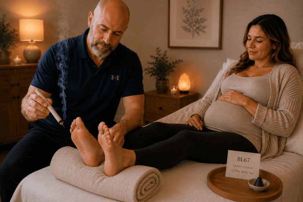 Licensed acupuncturist applying moxibustion near the outer corner of the little toe at BL67 to encourage a breech baby to turn to the head-down position.