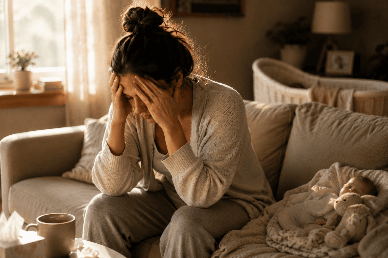 Exhausted new mother sitting on a couch with her head in her hands while experiencing postpartum depression, with a bassinet in the background of a warm home setting.