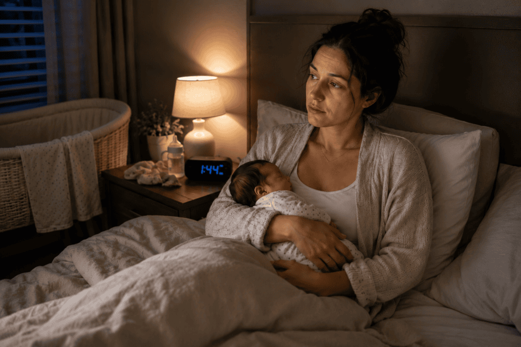Exhausted new mother sitting up in bed at night with her newborn, illustrating the hormonal changes and sleep deprivation that contribute to postpartum depression.