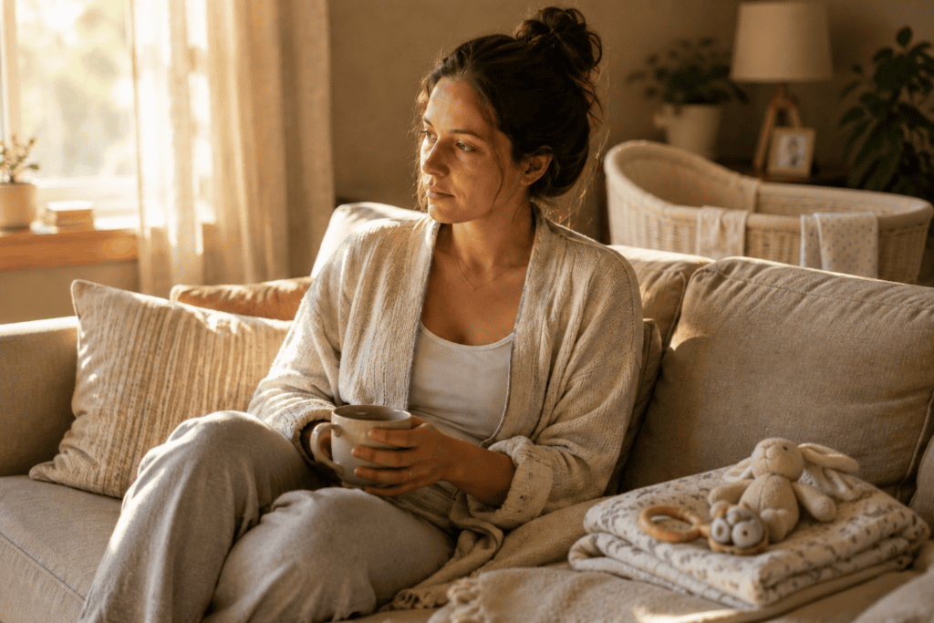 New mother experiencing postpartum depression sits quietly on a couch holding a warm mug in a cozy living room, with a bassinet in the background and baby toys resting on a folded blanket beside her.