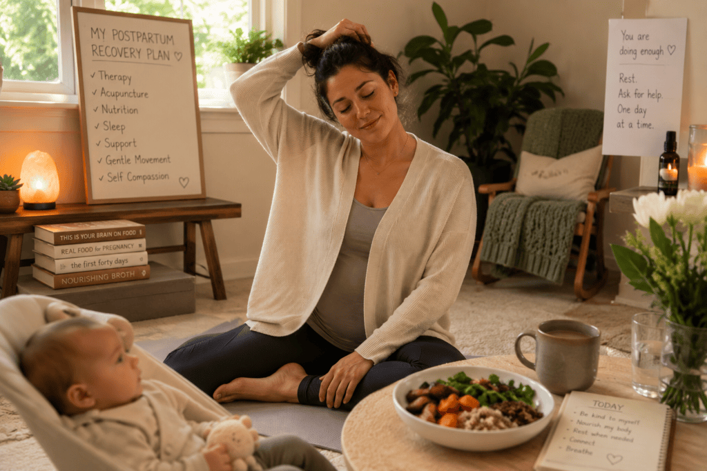 New mother engaged in daily practices supporting postpartum recovery including gentle movement and nourishing food, illustrating the coordinated approach to healing.