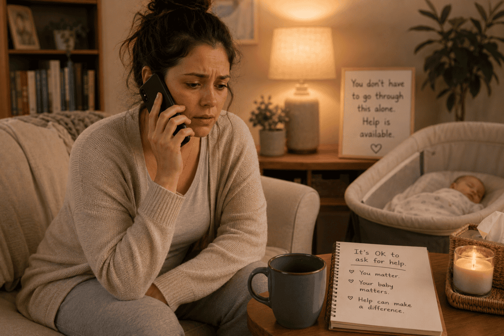 New mother on the phone reaching out to a mental health crisis line for immediate professional support, illustrating the importance of getting help urgently when needed.