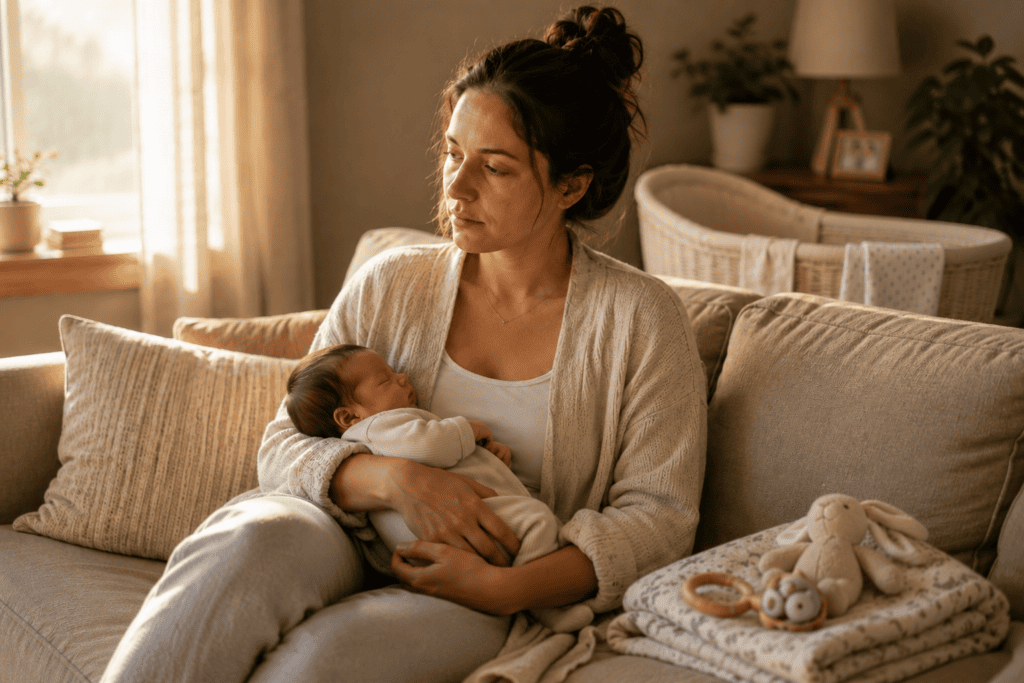 New mother sitting quietly with her newborn, expression communicating the persistent low mood and fatigue that characterize postpartum depression.