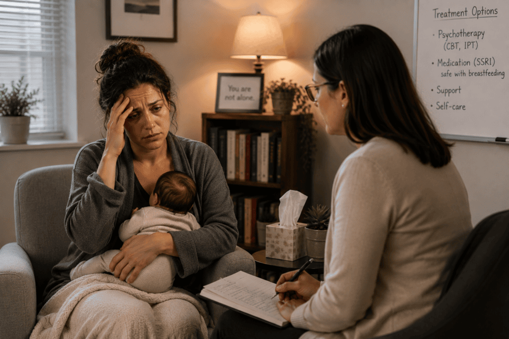 New mother in warm consultation with a mental health provider discussing treatment for postpartum depression, illustrating the essential role of standard care.