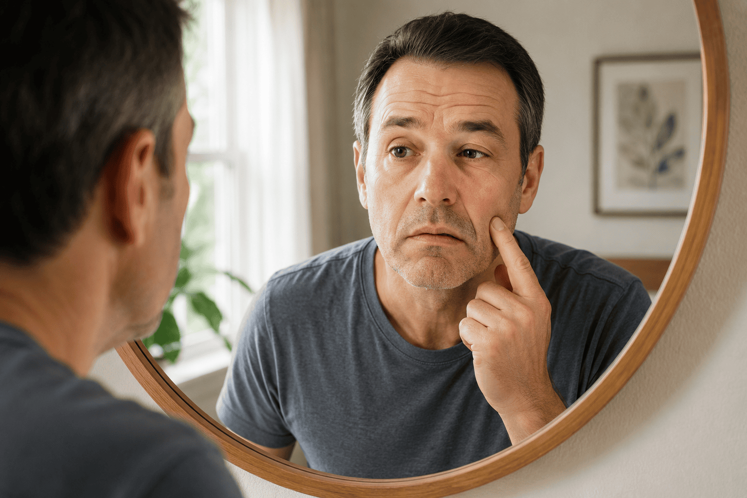 Person looking in a mirror at home showing visible facial asymmetry on one side, communicating the concerned recognition of Bell's palsy symptoms.