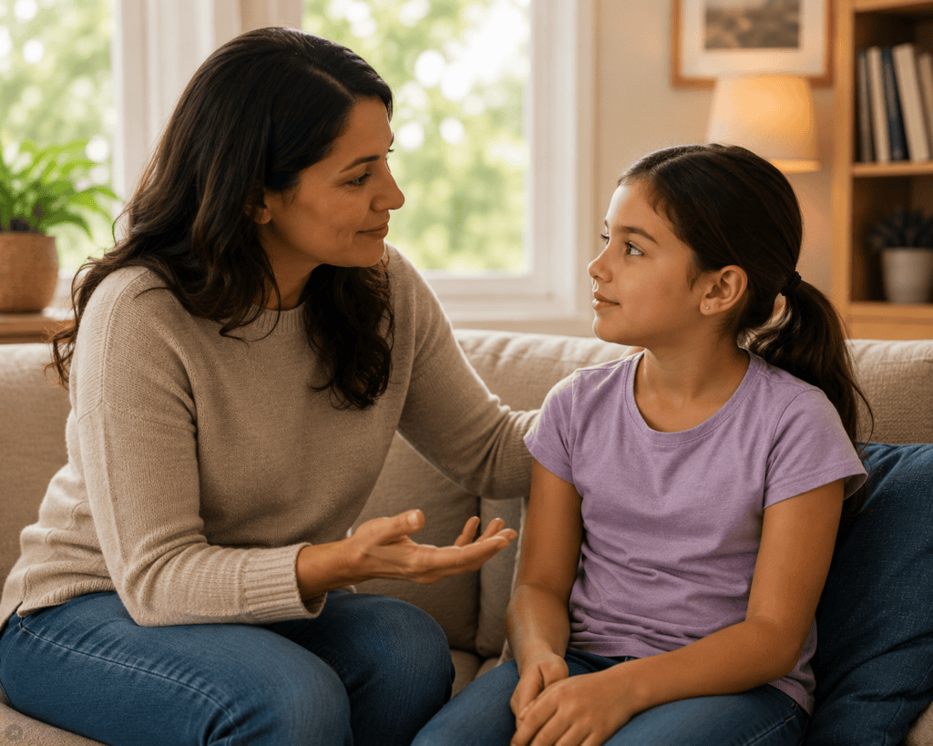 Parent sitting close to their child in a treatment room offering quiet reassurance during treatment, communicating the reassuring family-centered atmosphere.