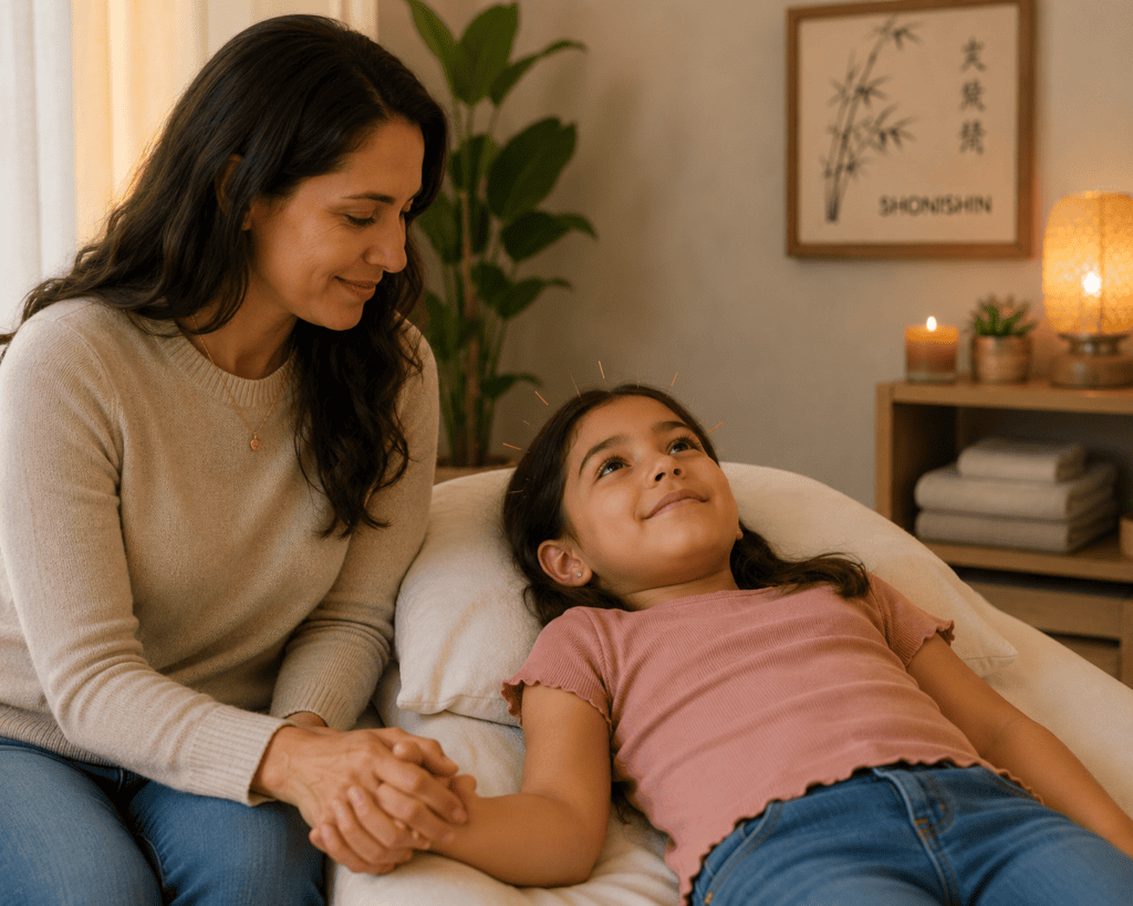 Parent sitting with their child at home engaged in warm honest conversation, communicating the calm preparation that supports a positive acupuncture experience.