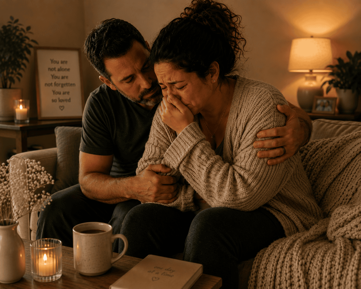 A grieving woman is comforted by her partner on a couch following pregnancy loss, illustrating the emotional impact of miscarriage or stillbirth and the importance of support during recovery.