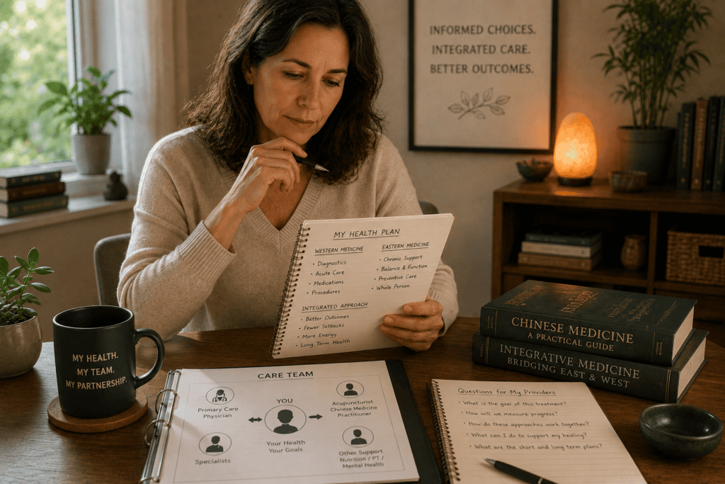 Patient at home reviewing notes or a healthcare plan with focused engaged expression, communicating the active role of coordinating care across multiple providers and traditions.