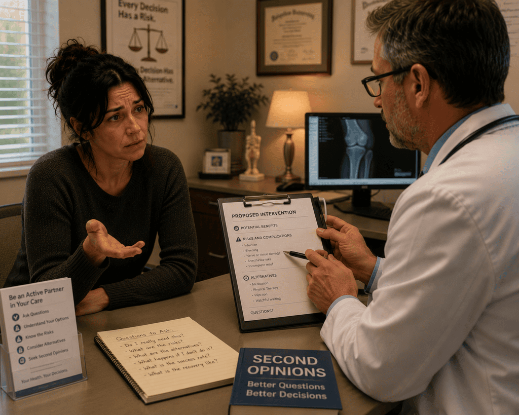Patient in engaged conversation with a physician about the necessity and risks of a proposed medical intervention, communicating the active patient participation that supports better outcomes.