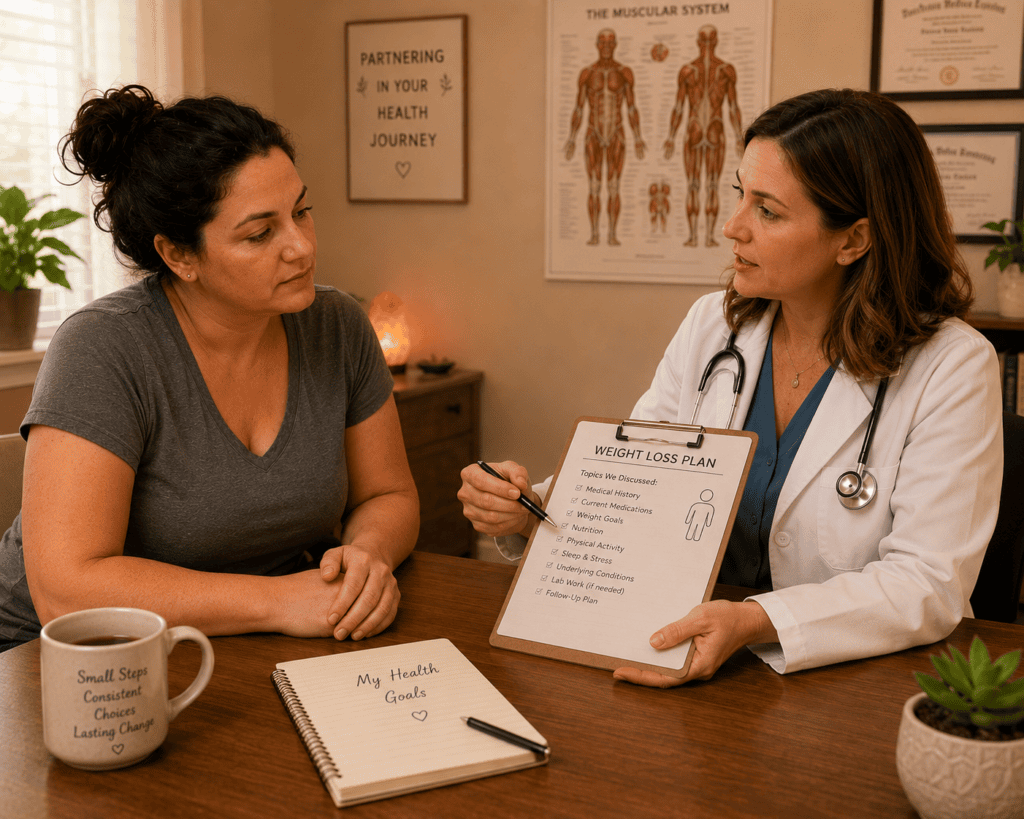 Patient in warm consultation with a physician discussing a weight loss plan and any underlying conditions that require medical monitoring.