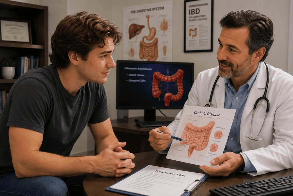 Patient in warm consultation with a gastroenterologist reviewing Crohn's disease diagnosis and treatment plan, illustrating the essential role of specialist care.