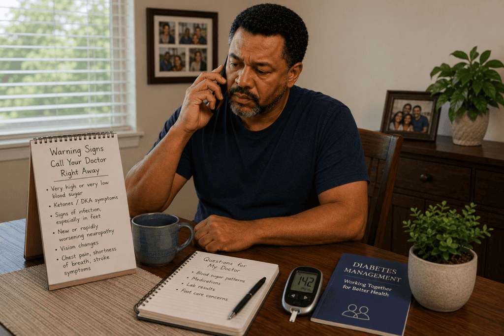 Patient at home on the phone contacting their physician about warning signs that require immediate medical evaluation.