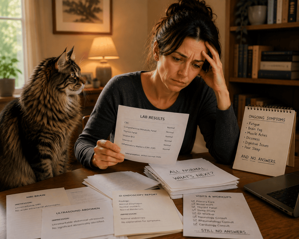 Patient at home reviewing medical records and lab results that came back normal despite persistent symptoms, communicating the pattern of chronic and functional conditions.