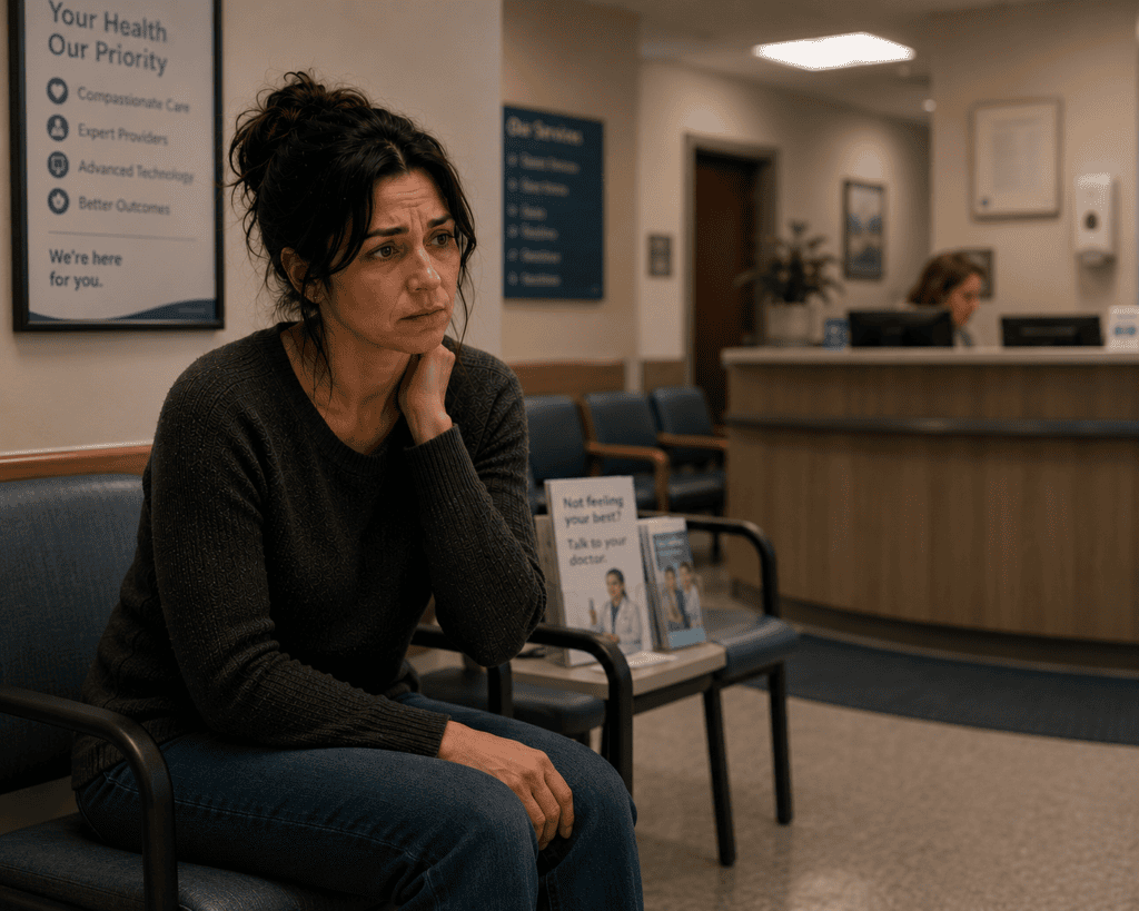 Patient in a medical waiting room after symptoms have developed, communicating the reactive orientation of Western medicine that often misses earlier preventive opportunities.