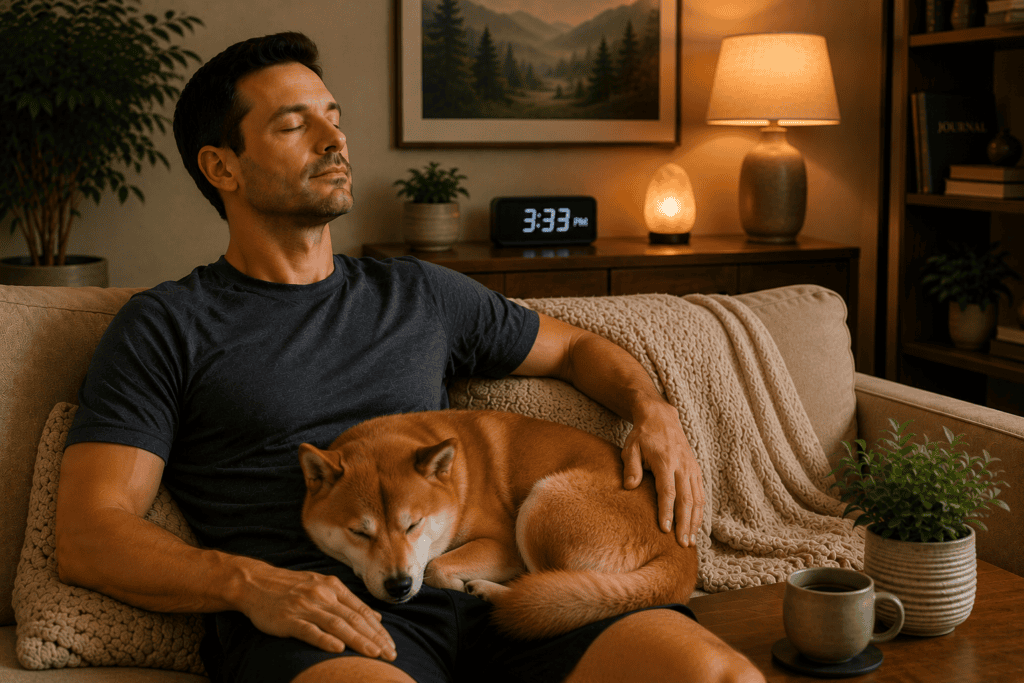 atient in a moment of deep relaxation after acupuncture, communicating the mild drowsiness and parasympathetic settling that many patients experience.