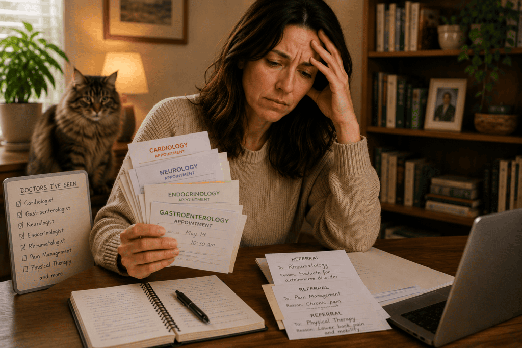 Patient at home with a stack of appointment cards or referral letters from multiple specialists, communicating the fragmented experience of specialist-driven care.