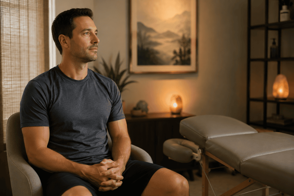 Patient sitting calmly in a treatment room before their acupuncture session, communicating the settled preparation that supports better treatment outcomes.