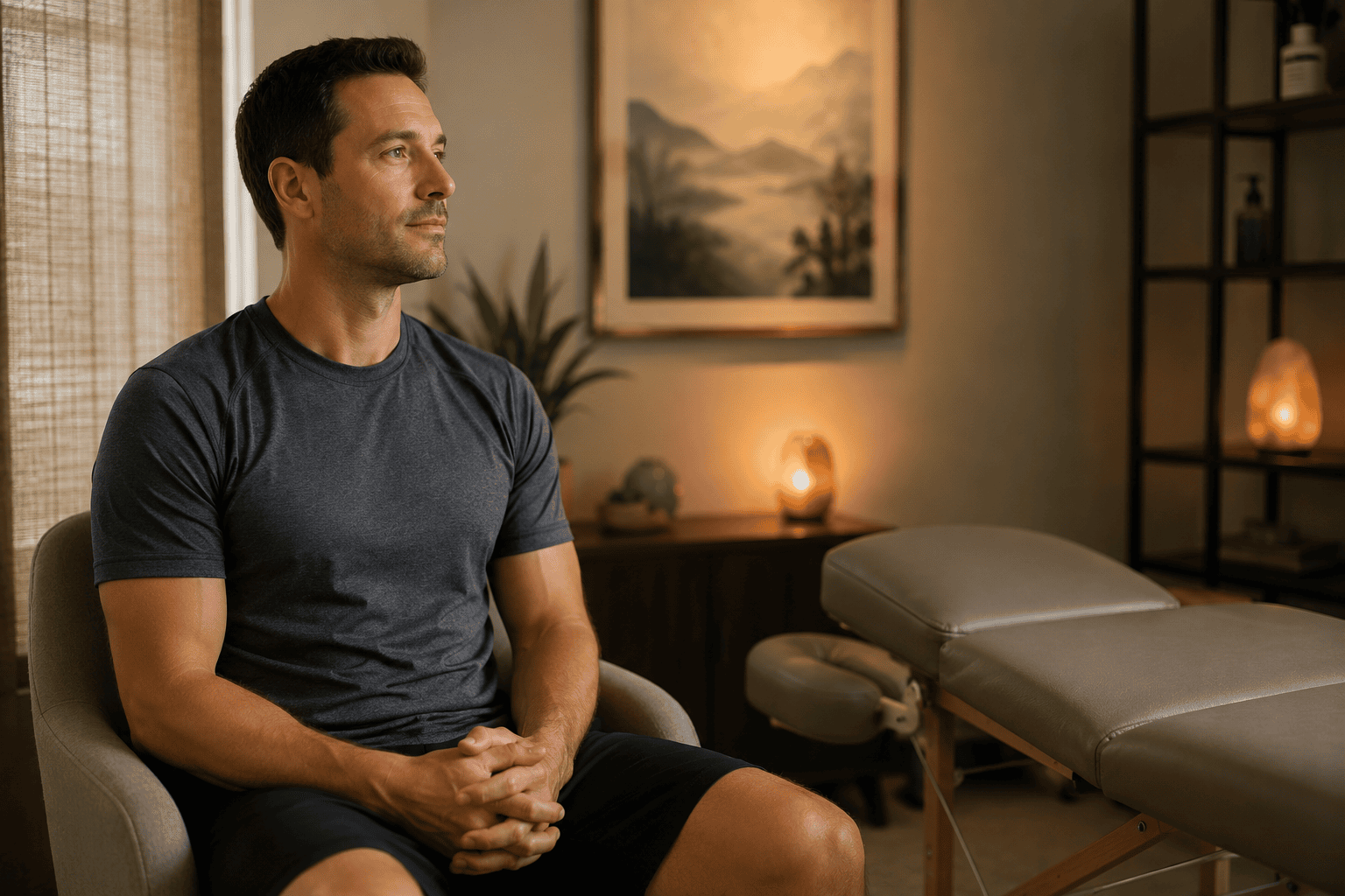 Patient sitting calmly in a treatment room before their acupuncture session, communicating the settled preparation that supports better treatment outcomes.