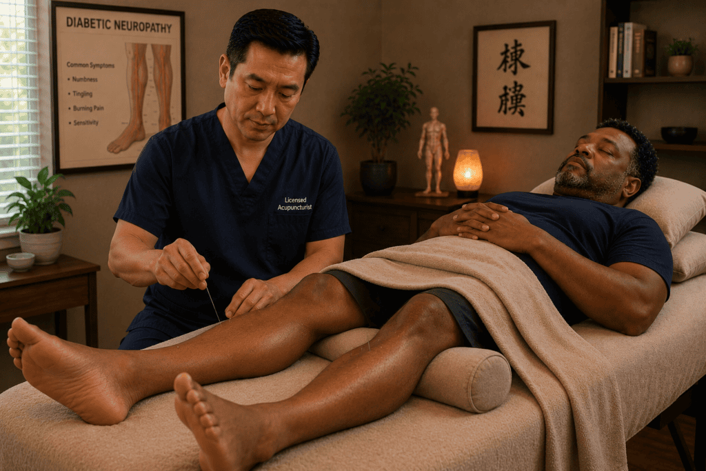 Patient reclining on treatment table with acupuncture needles placed on the feet and lower legs during treatment for diabetic peripheral neuropathy.