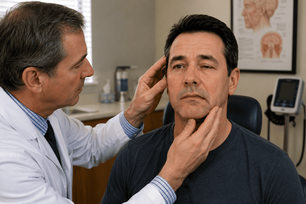 Patient in an examination room with a physician examining their face, communicating the urgency of prompt medical evaluation for facial paralysis.