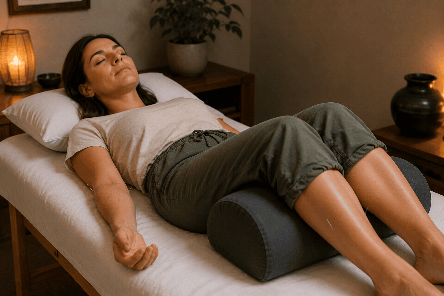 Woman lying on a treatment table with a calm settled expression during an acupuncture session, a few fine needles visible on her forearm and lower leg.