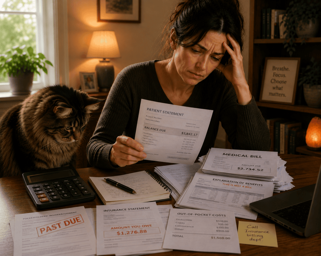 Patient at home reviewing a stack of medical bills and insurance statements, communicating the significant financial burden of the modern healthcare system.
