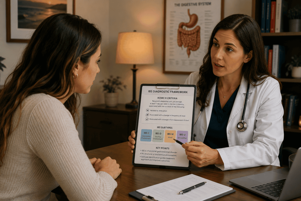 Patient in warm consultation with a physician reviewing IBS diagnostic criteria and treatment approach.