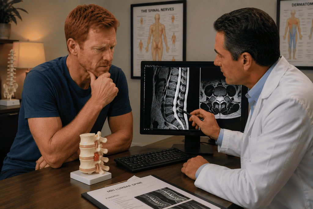 Patient in consultation reviewing MRI images with a physician to confirm the diagnosis of a herniated disc.