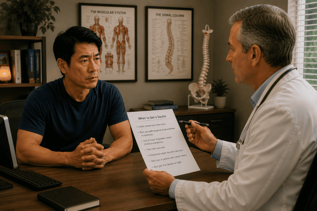 Patient consulting with a physician about back pain symptoms warranting medical evaluation beyond complementary care alone.