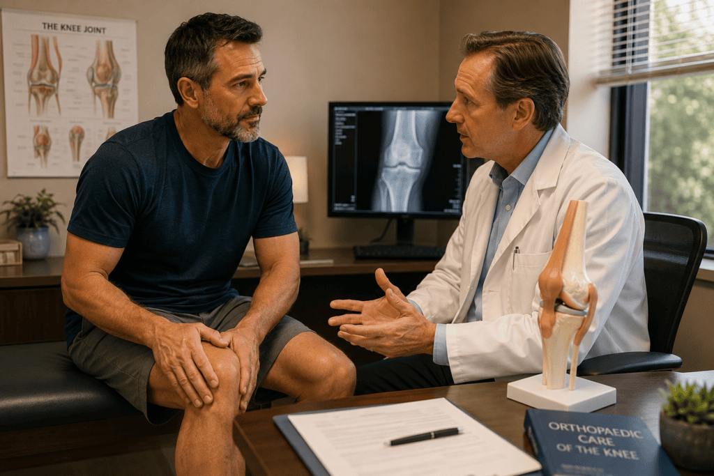 Patient consulting with an orthopedic physician about knee symptoms warranting specialized evaluation.