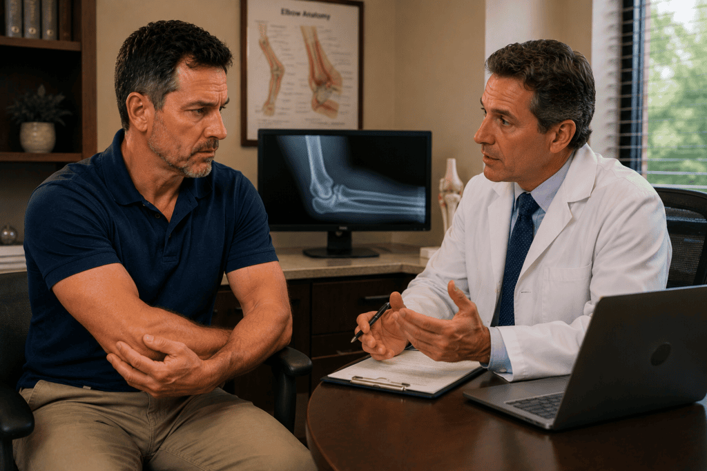 Patient consulting with an orthopedic physician about persistent elbow symptoms warranting specialized evaluation.