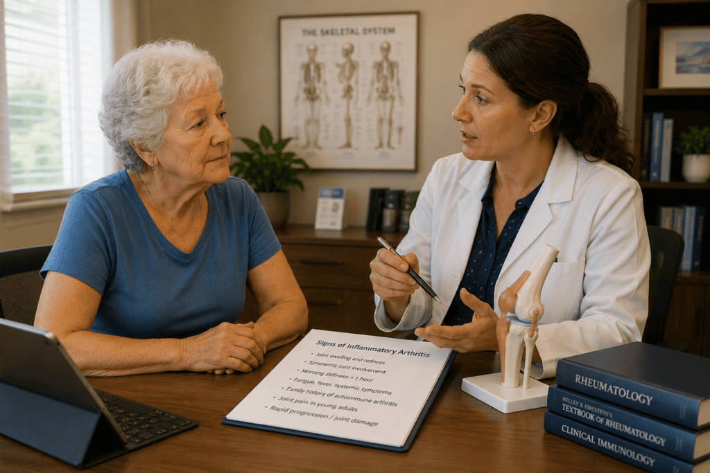 Patient consulting with a rheumatologist about symptoms suggesting inflammatory arthritis requiring specialized care.