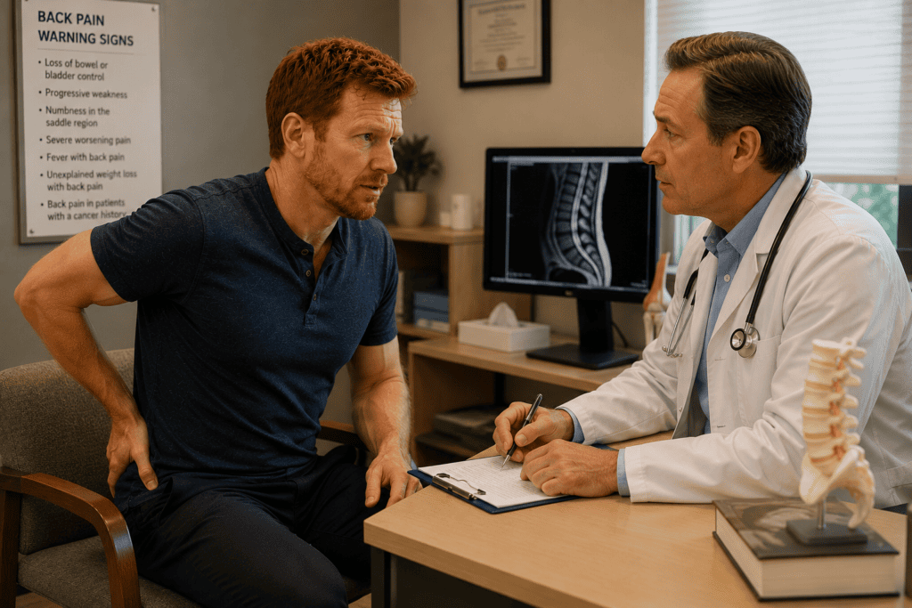 Patient consulting urgently with a physician about back pain symptoms that require immediate medical evaluation