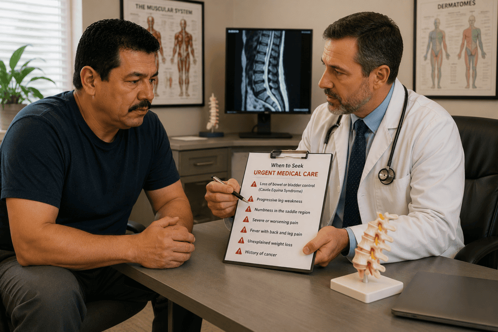 Patient consulting urgently with a physician about sciatica symptoms that require immediate medical evaluation.