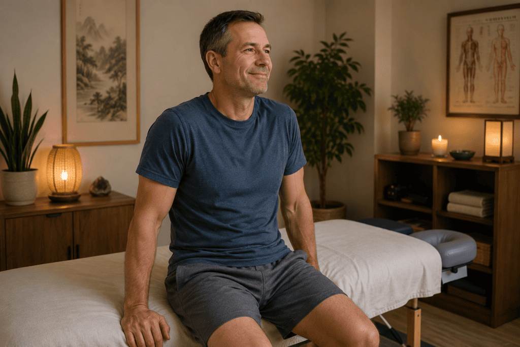 Patient sitting up on the edge of a treatment table after an acupuncture session for sciatica with a relaxed posture, communicating the settled relief of the immediate post-treatment window.