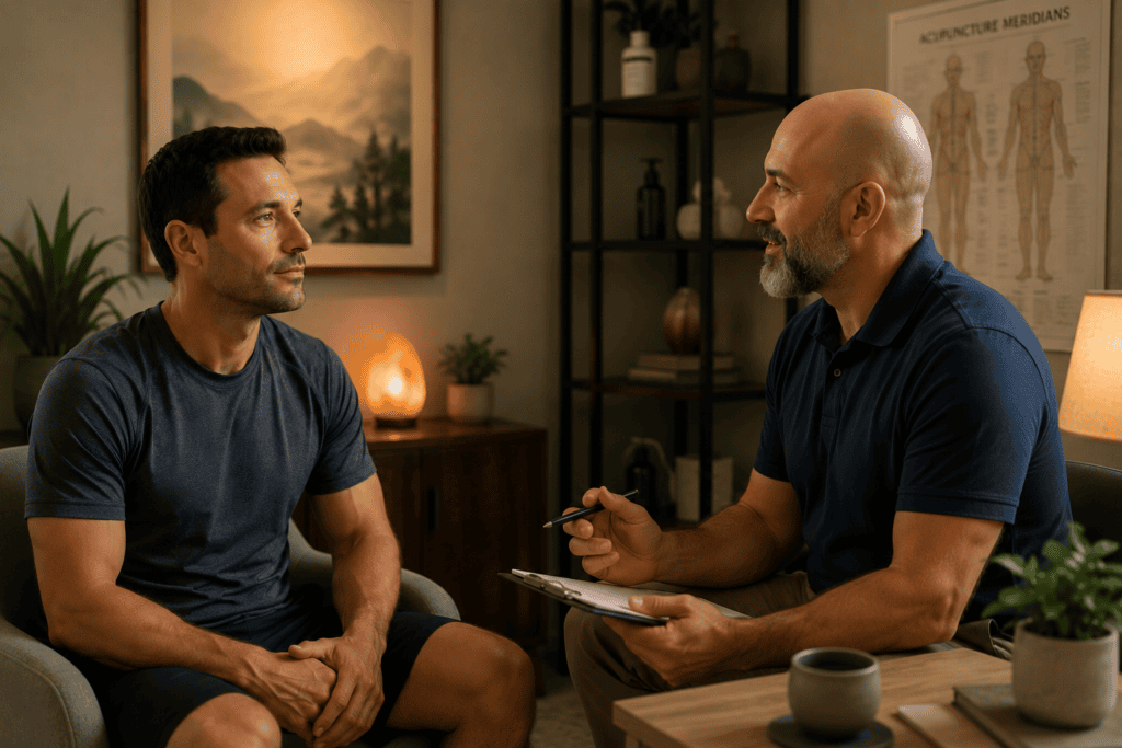 Patient and licensed acupuncturist in warm conversation during the pre-session intake, illustrating the communication that shapes each treatment plan.