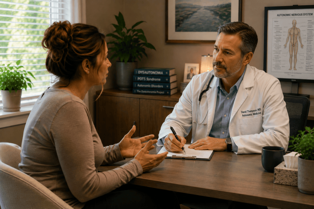 Patient and physician in a warm consultation setting, engaged in conversation about coordinated dysautonomia treatment planning.