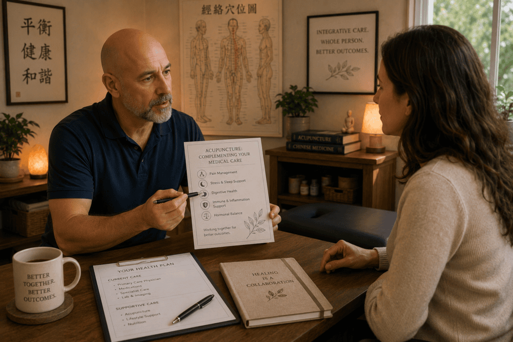 Licensed acupuncturist in warm consultation with a patient in a treatment room, explaining how acupuncture can complement existing medical care.