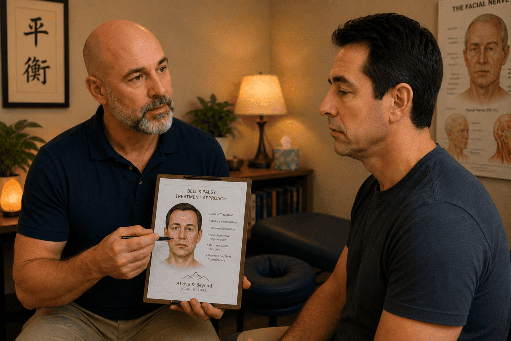 Licensed acupuncturist in warm consultation with a Bell's palsy patient in a treatment room, explaining the treatment approach and next steps.