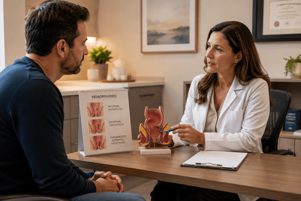 Patient in a warm consultation with a physician discussing hemorrhoid symptoms, communicating the importance of accurate diagnosis for effective treatment.