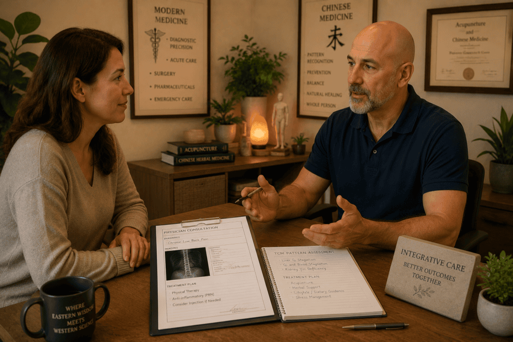 Patient in a warm consultation setting with an acupuncturist while medical documentation from a physician is visible, communicating the coordinated care that combines both healthcare traditions.