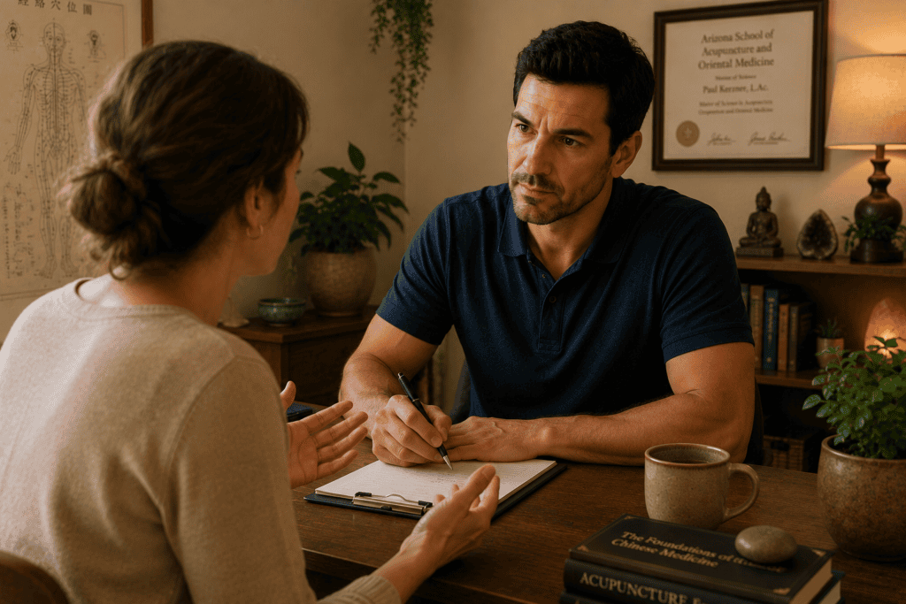 Patient and licensed acupuncturist in a warm initial consultation, communicating the importance of finding the right practitioner through thorough conversation.