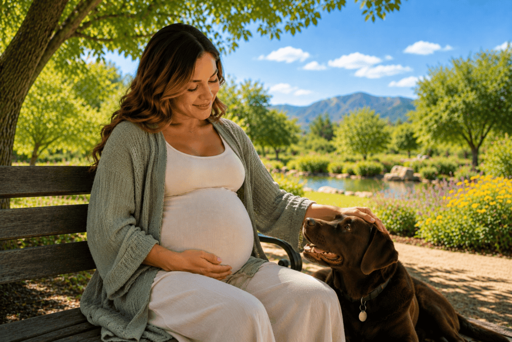 Pregnant woman sitting on a shaded park bench smiling at her brown Labrador while gently resting one hand on her baby bump in a peaceful natural setting.