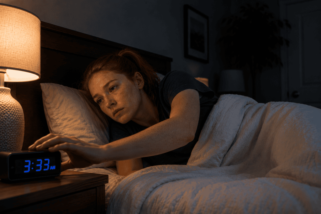 Person in bed at night checking the time on a bedside clock during a middle-of-the-night awakening, illustrating sleep-maintenance insomnia.