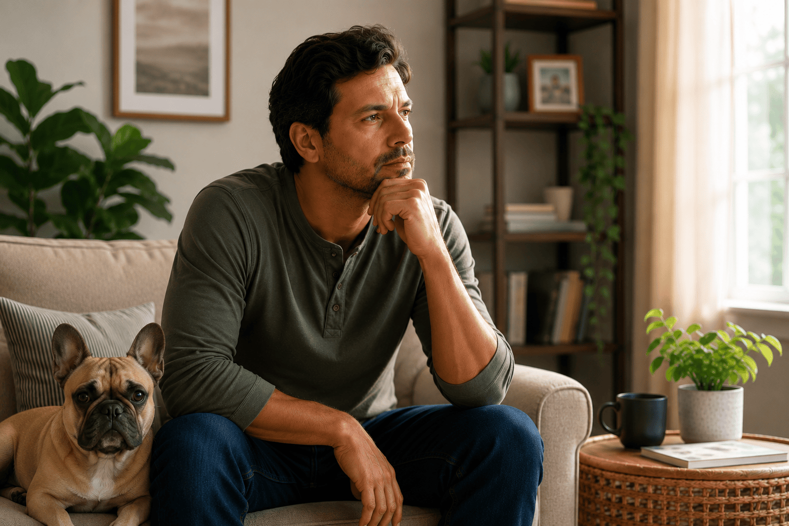 Person sitting at home in a moment of quiet consideration about hemorrhoid treatment options, communicating the common but rarely discussed nature of the condition.